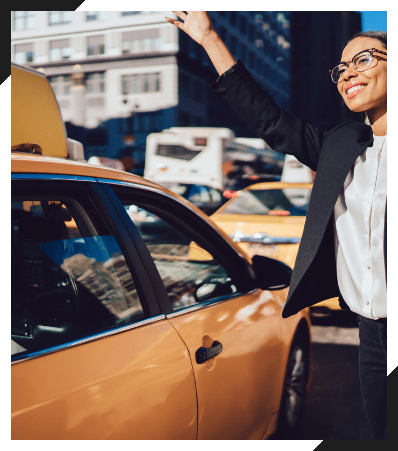 Urban street scene with yellow cabs